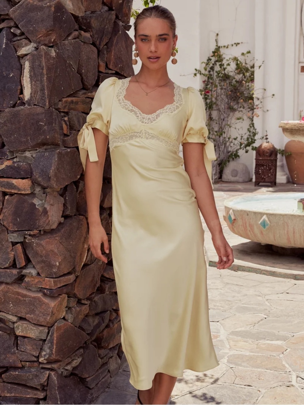 bohme Pale Yellow Satin Lace-Trim Slip Dress